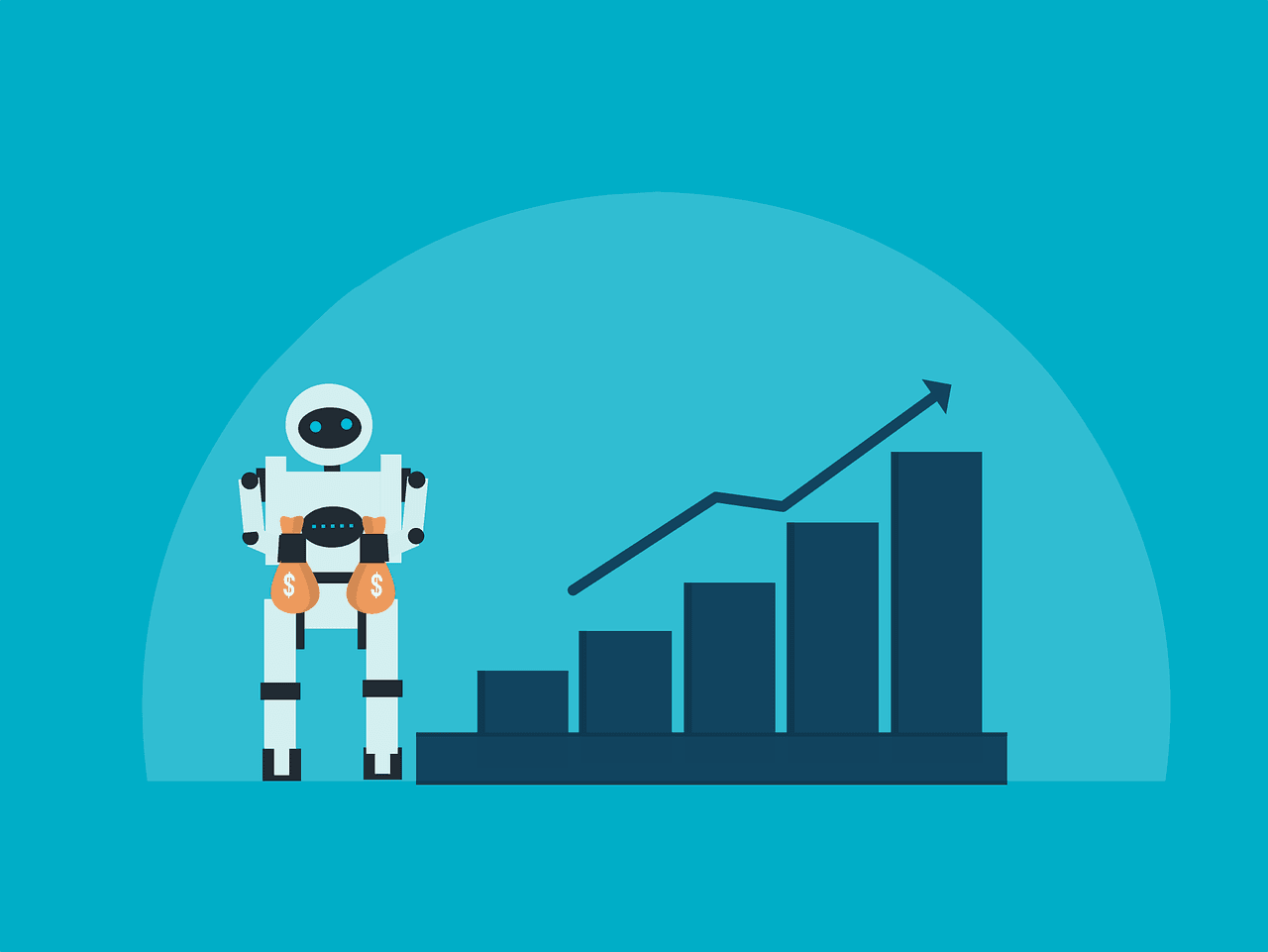 A white and black robot holding two money bags at the bottom of a bar graph with a line going across the tops going upward.