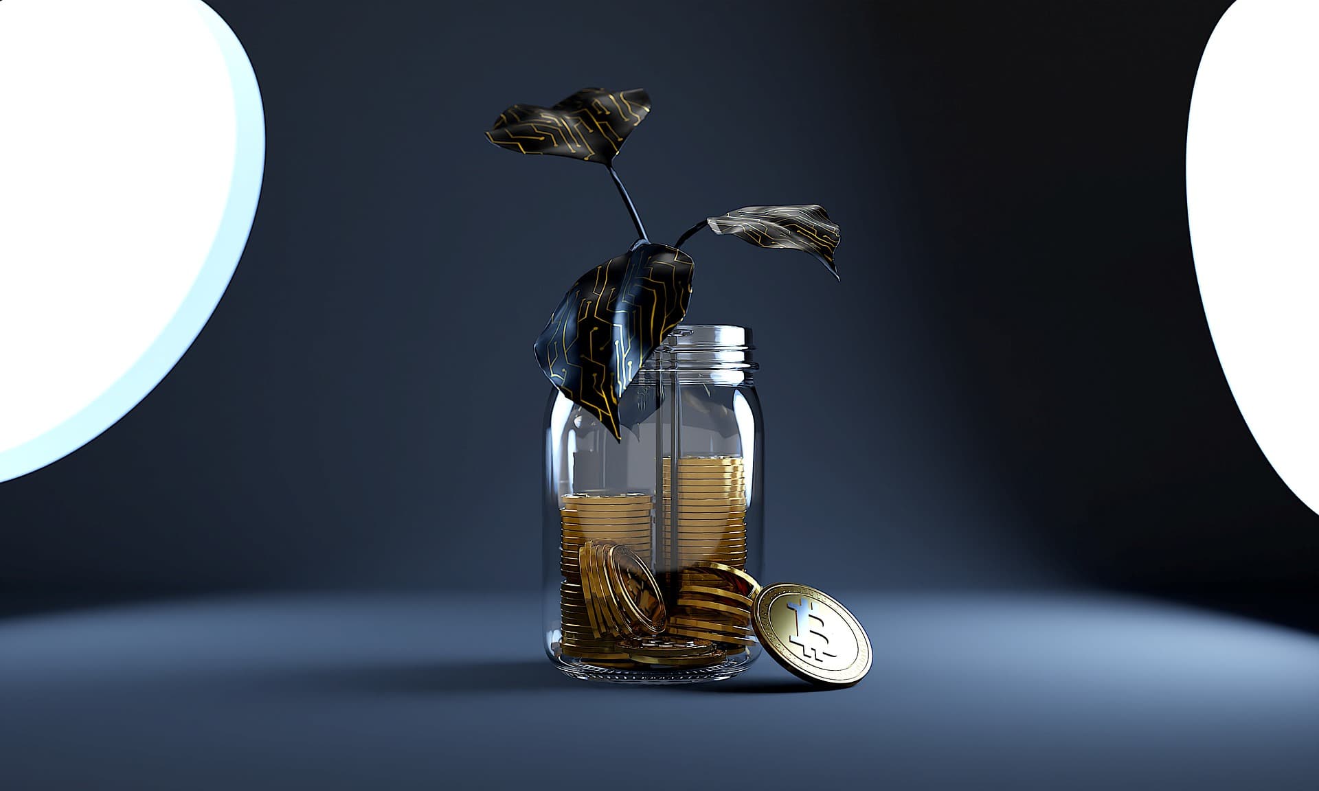 A plant inside a jar that also has a pile of multiple Bitcoin crypto coins inside it next to another coin all on a gray table.