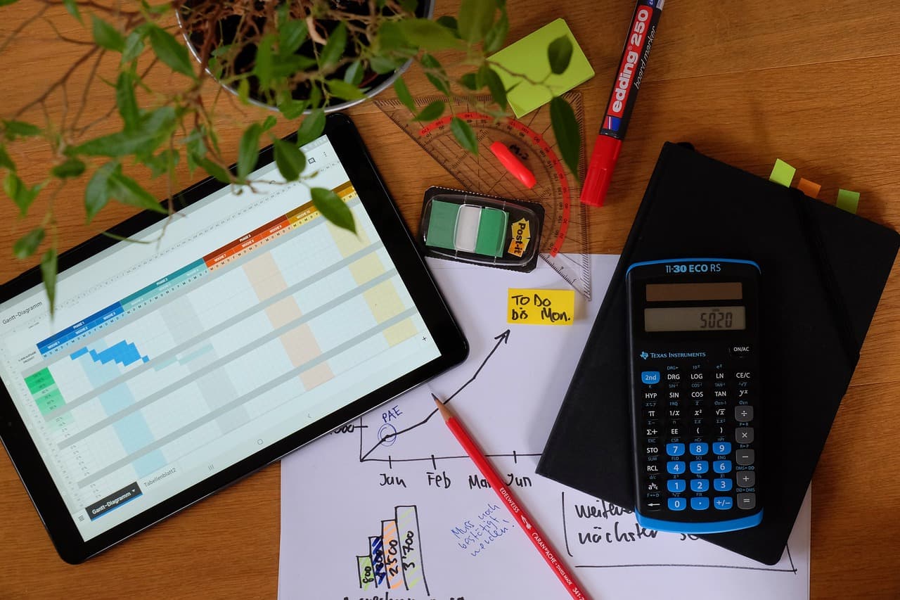 An Apple iPad with a multicolored chart on it on top of a wooden table next to a calculator, pen, and a piece of white paper.