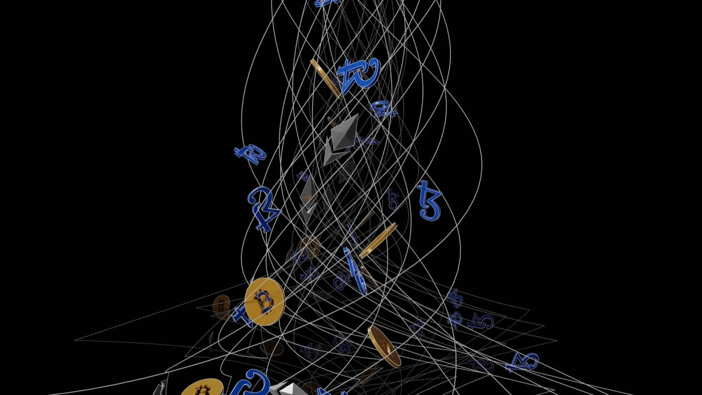 A giant downward swirl of lines that look like a tornado containing different cryptocurrency coins floating around inside it.
