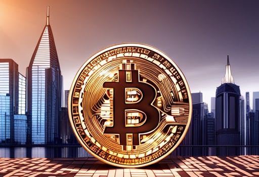 A golden coin resting on its edge with the Bitcoin logo on it facing forward in front of a city made from silver buildings.