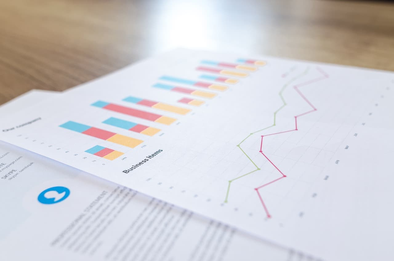 A piece of white paper that has bar charts on top that are multicolored and a red and purple stacked line chart below them.