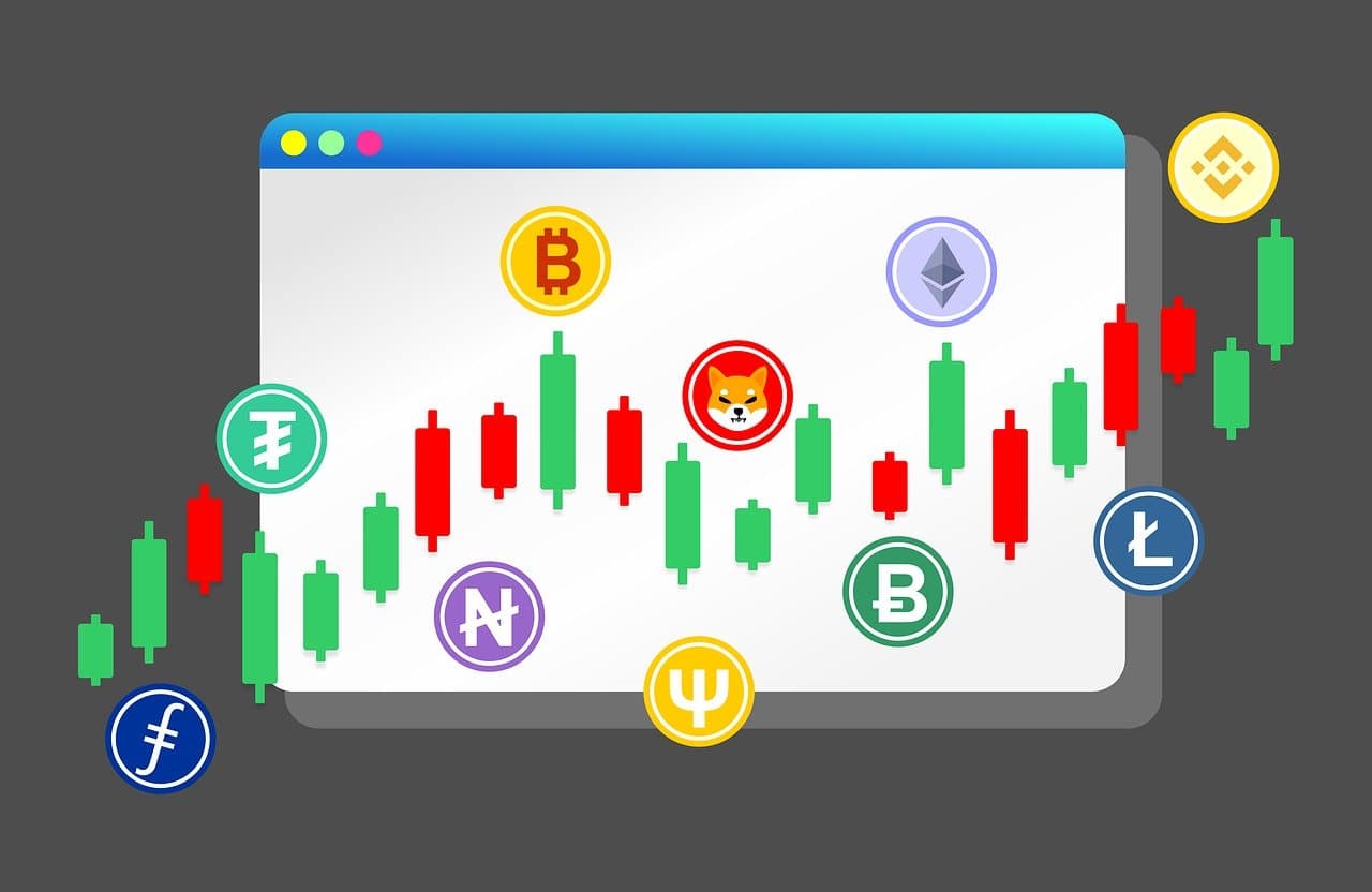 A line chart with different cryptos at different turning points going up and down in red and green with white background.