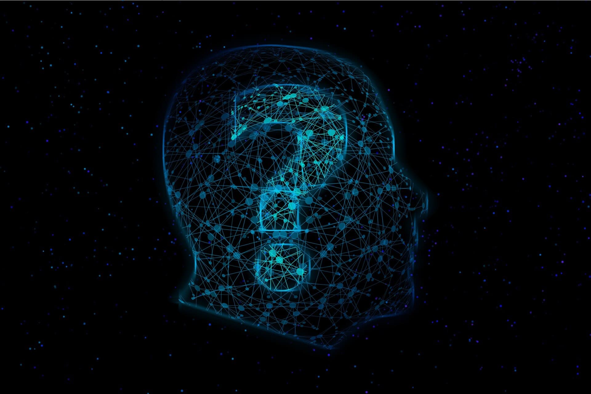 A back background that has a blue outline of a head and a question mark in the middle of it with blue lines going all over.