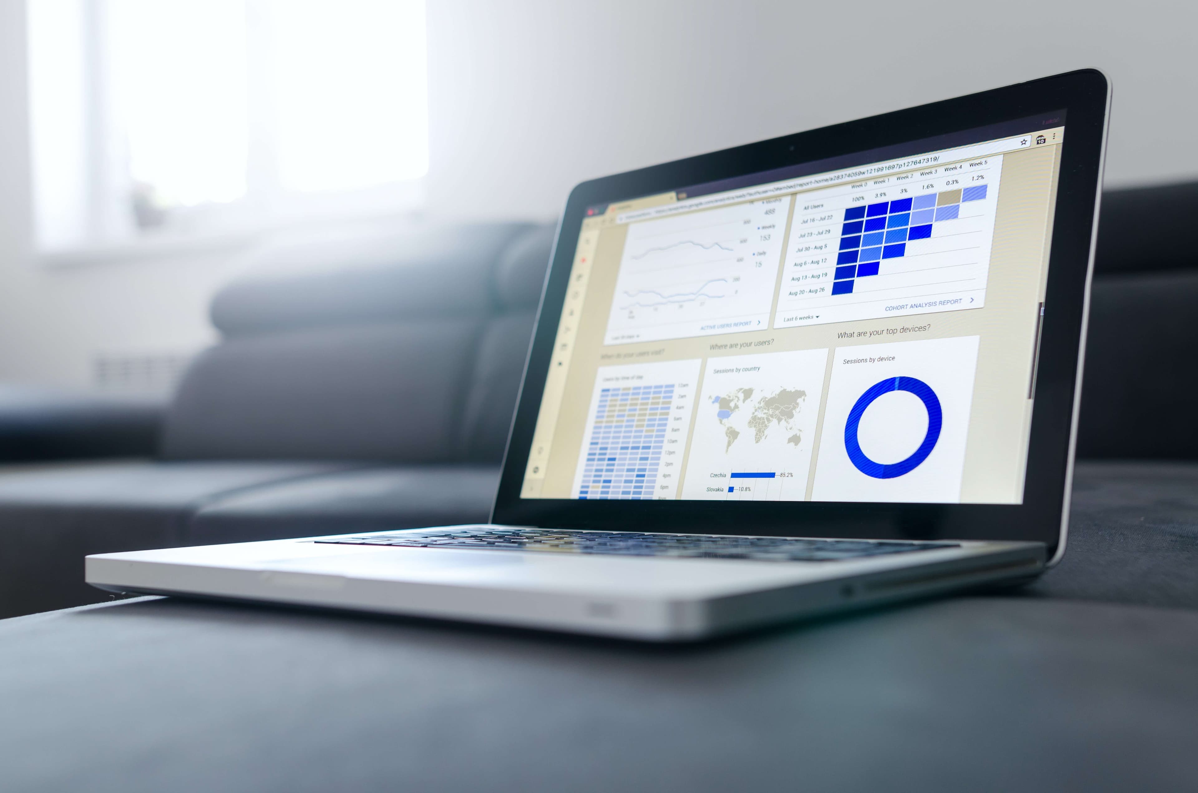 Many graphs in a mac laptop including, bar chart, map, donut chart, and line graph with a blue theme.