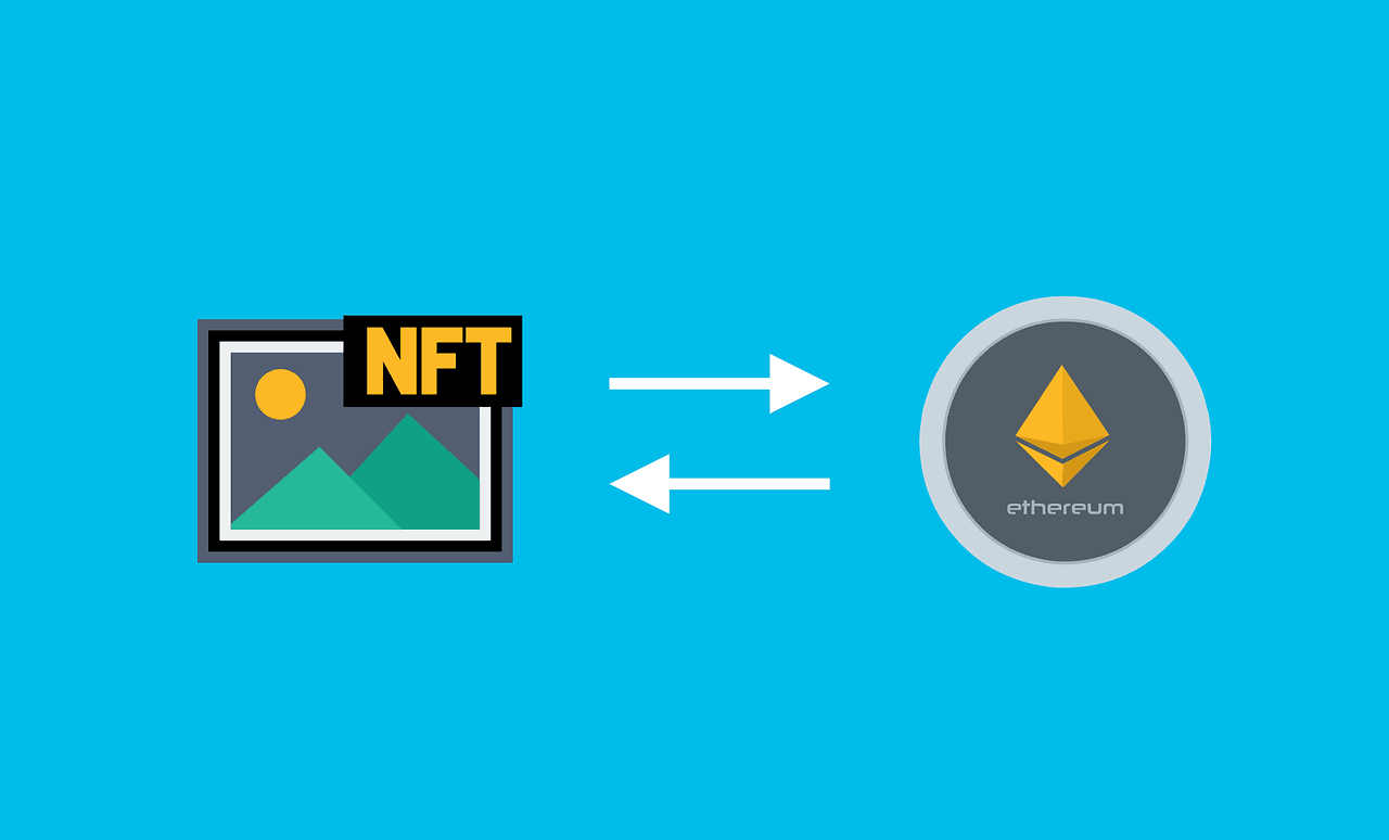 A green image with the label NFT on the top right corner next to a grey coin labeled Ethereum in front of a blue background.