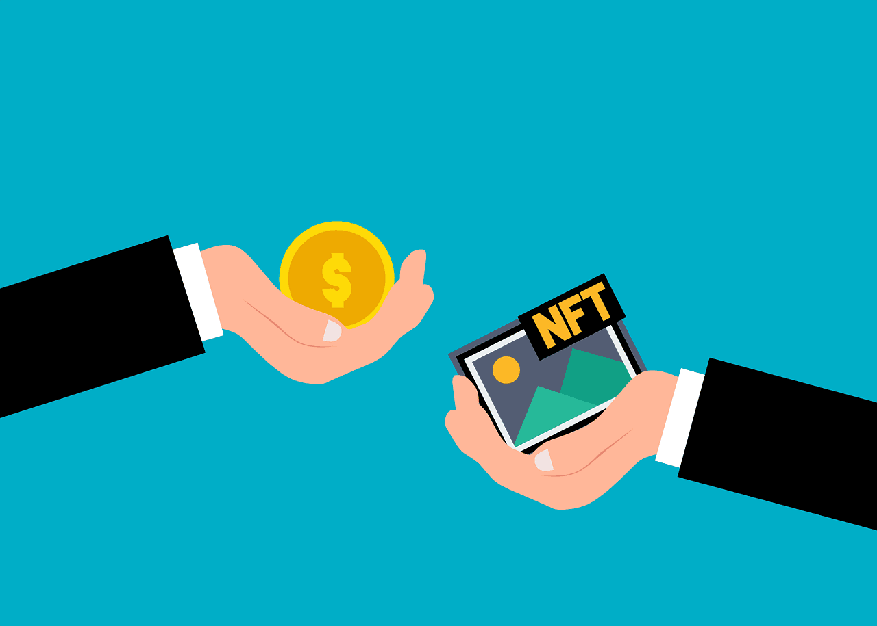 One hand with a golden coin in it reaches for another with a green image labeled as an NFT in front of a blue background.