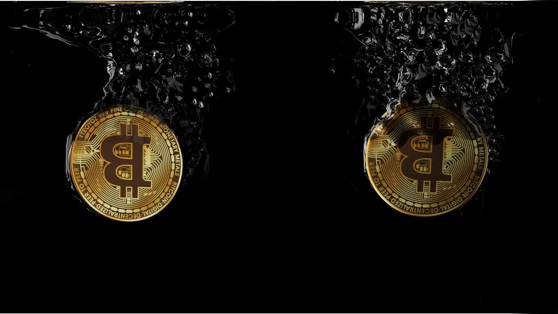 Two bitcoin falling from above that are slowly deteriorating, leaving behind a white smoke in front of a black background.