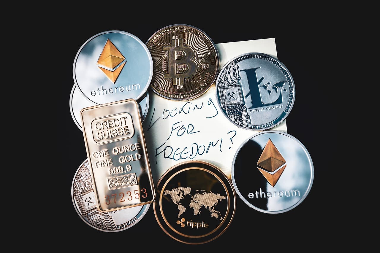 A bunch of coins sitting around a notes that says looking for freedom with the logos of cryptocurrencies on them like btc and eth.