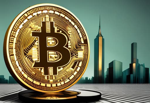 A golden coin with the bitcoin logo on the front sitting on a silver disk with metal bars below it and a silver city behind it.