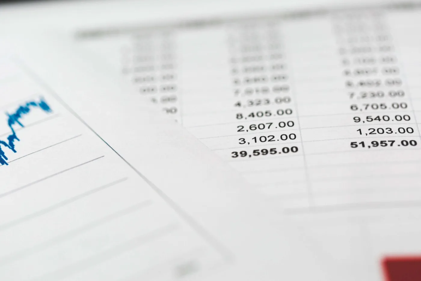 Spreadsheet filled with numbers with a piece of paper with a blue line graph on the far left side of the spreadsheet.