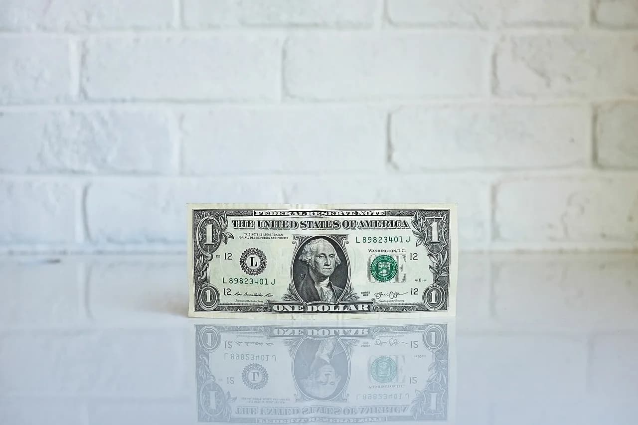A one dollar bill standing up on its edge with the face side forward in front of a brick wall that has been painted white.