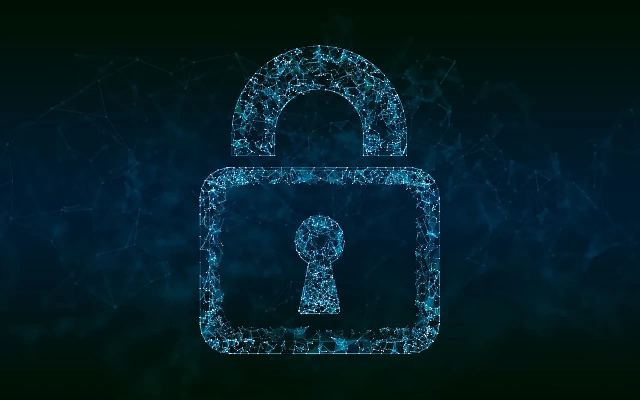One light blue digitally generated outline of a padlock with lines going through it and connecting to each other like a chain.