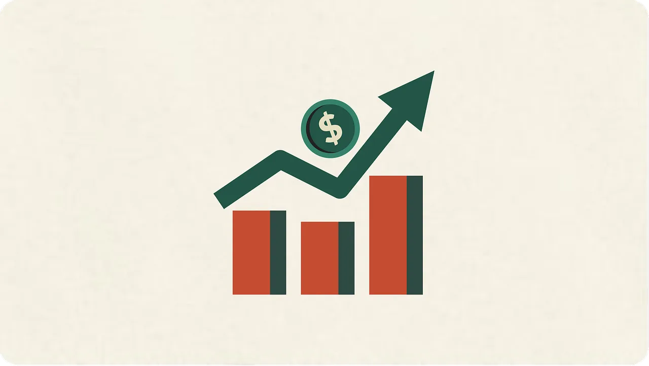 Three red bars are next to each other that are below a line going up and down above them in blue with a green coin over the top.