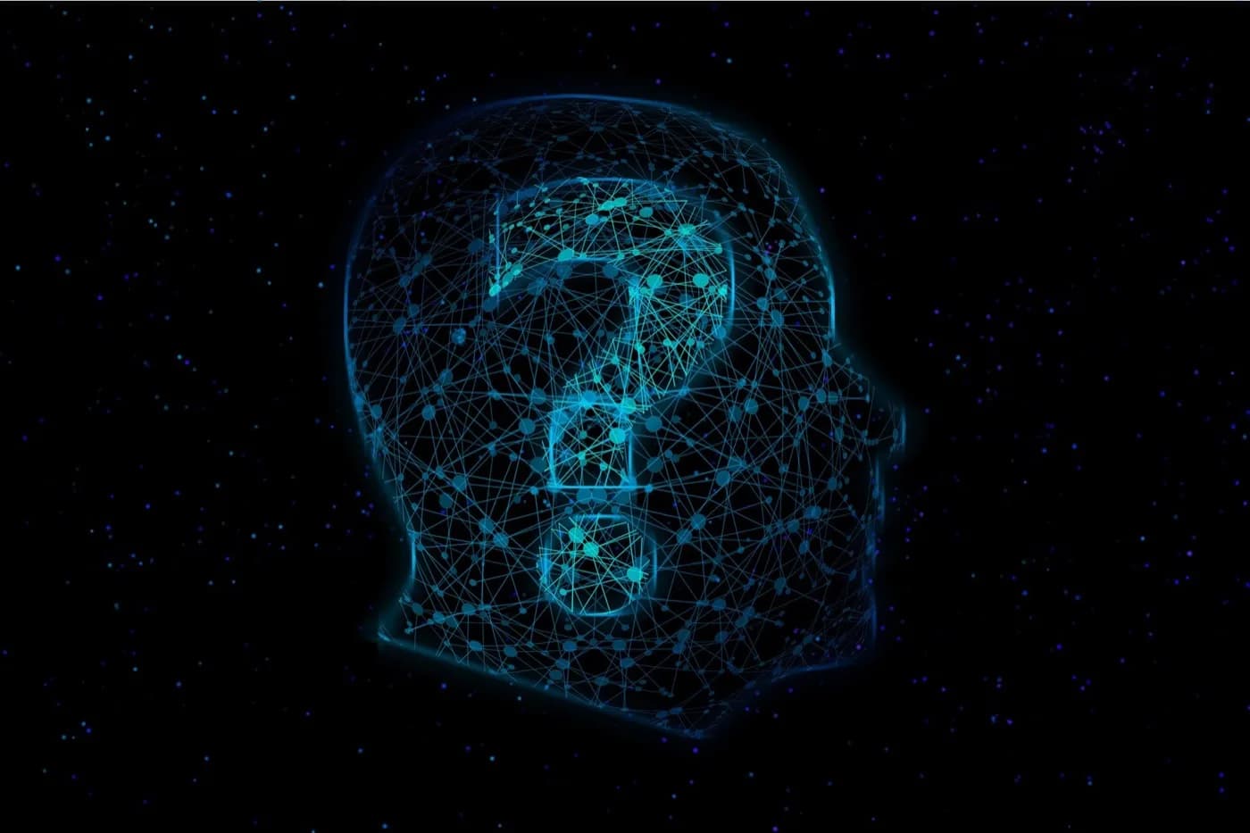A back background that has a blue outline of a head and a question mark in the middle of it with blue lines going all over.