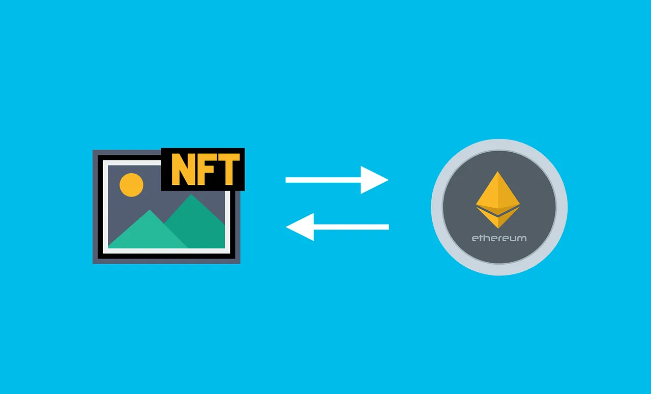 A green image with the label NFT on the top right corner next to a grey coin labeled Ethereum in front of a blue background.